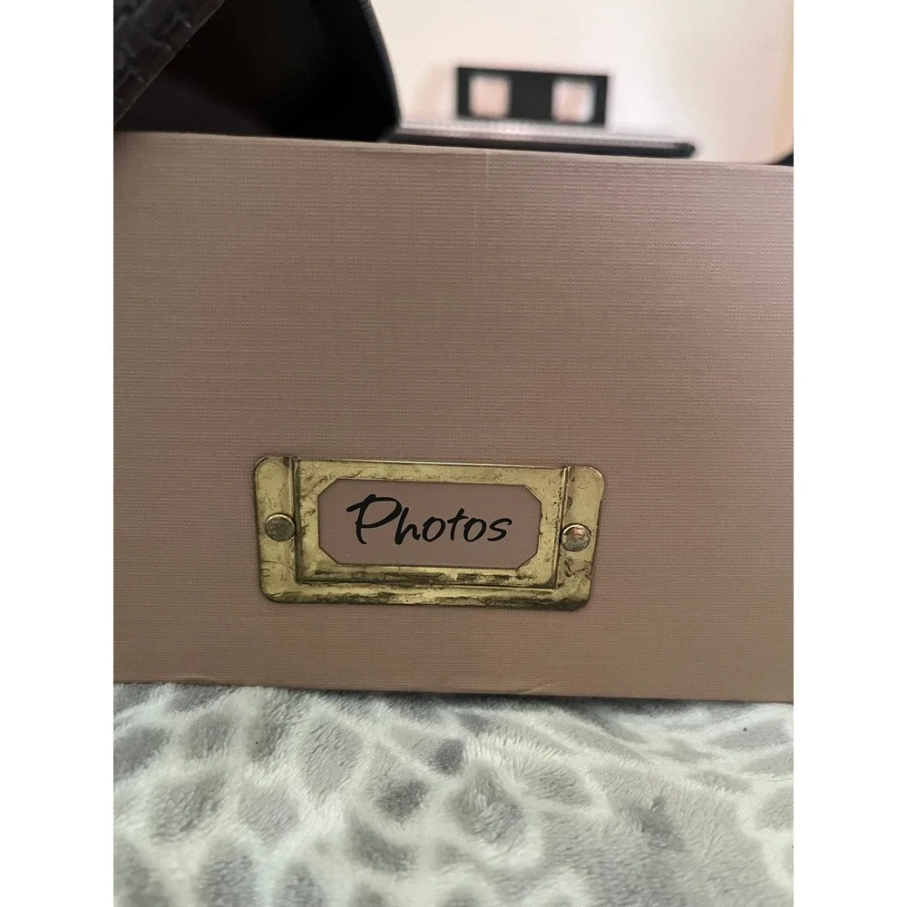 Photo Storage Box Brown with Metal Label Holder Picture Organizer Office Decor